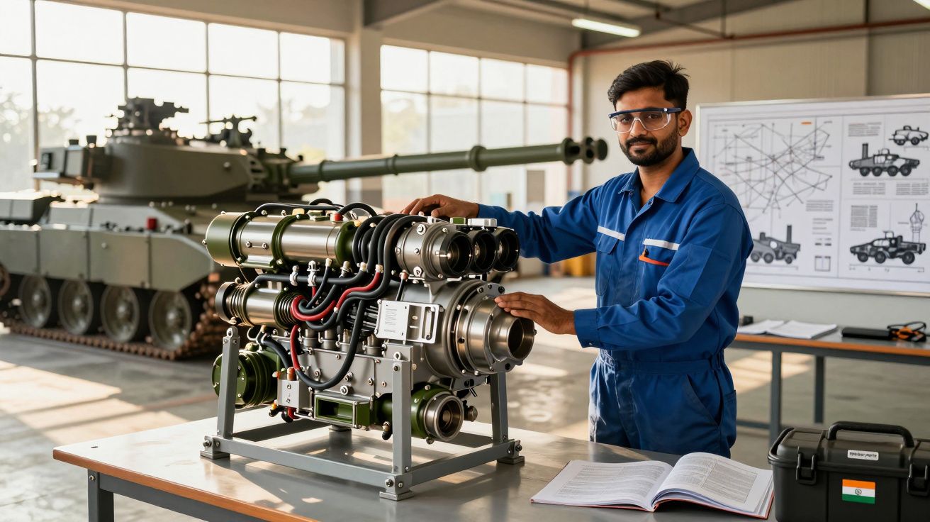 Engenheiro em oficina com equipamento militar e tanque ao fundo, usando óculos de proteção.
