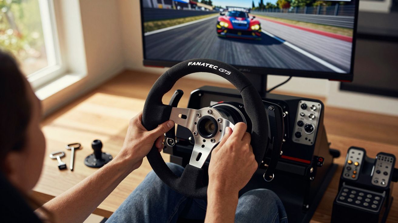 Pessoa jogando simulador de corrida com volante Fanatec GT3 e pedal em frente a tela de TV.