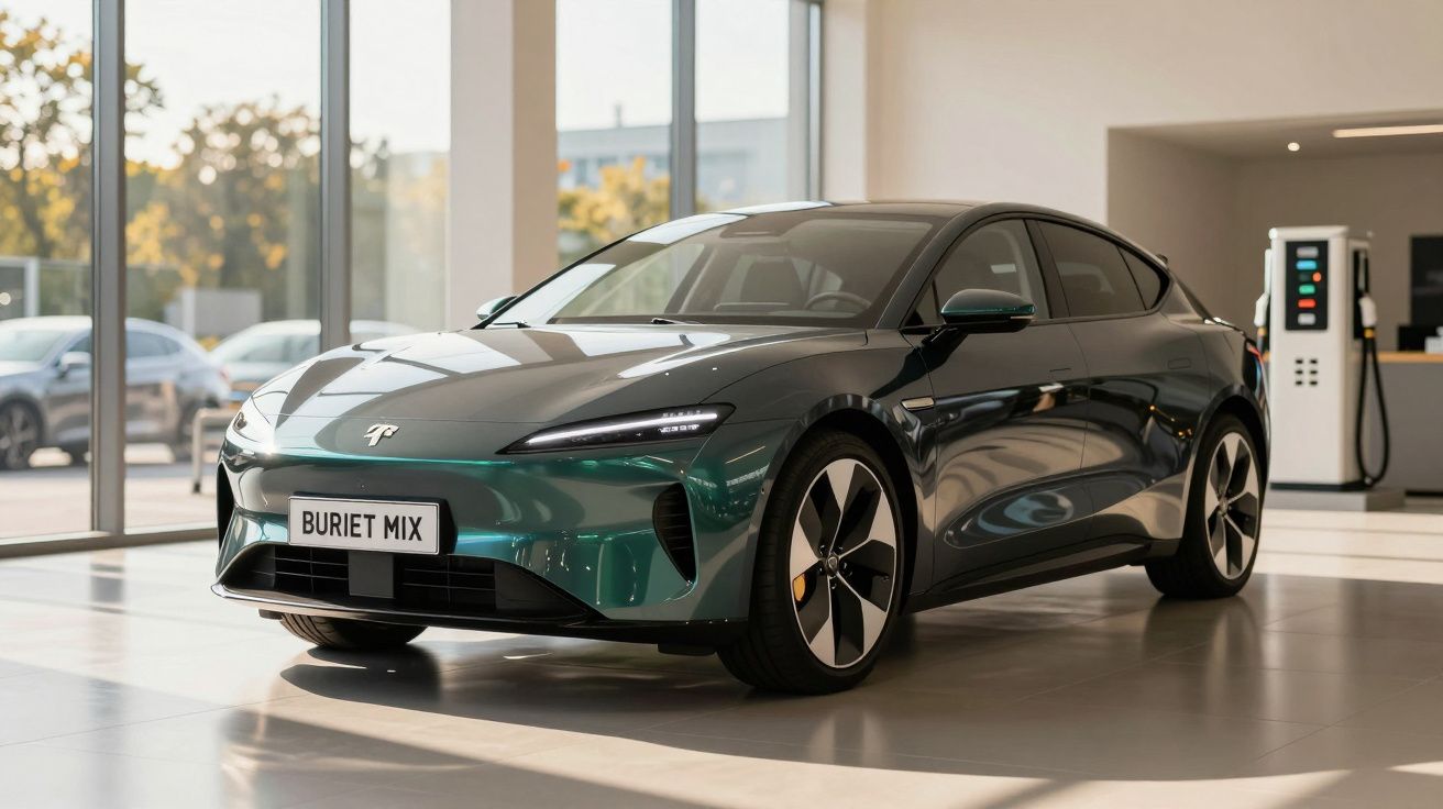 Carro elétrico esportivo verde escuro estacionado em showroom com estação de recarga visível ao fundo.