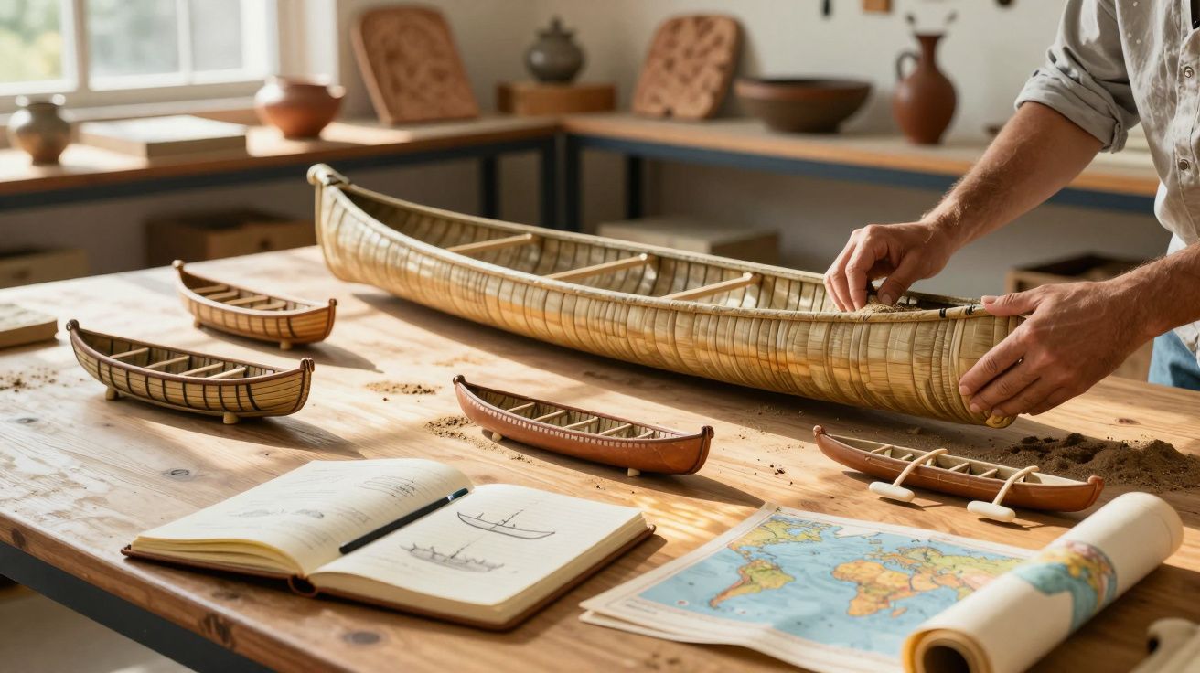 Mãos montando miniatura de canoa de palha em mesa com livros, mapa e outras miniaturas de canoas.