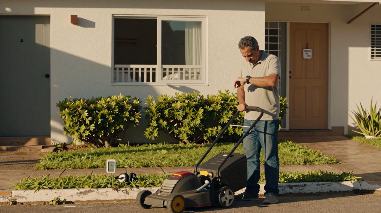 Homem com roupa casual olha relógio enquanto empurra cortador de grama em frente a casa ensolarada.