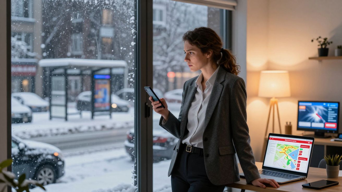 Mulher em roupas formais segura celular olhando pela janela durante nevasca, com laptop e monitor ao fundo.