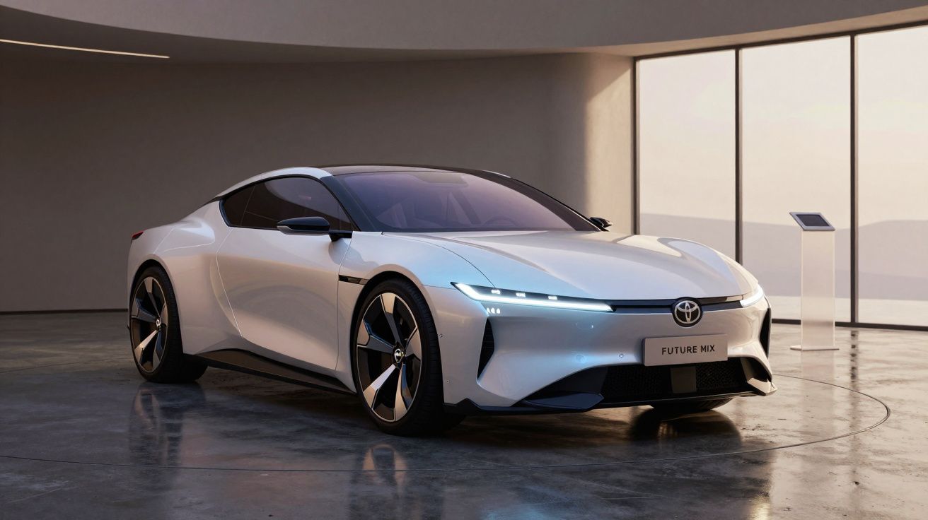 Carro esportivo elétrico branco Toyota Future Mix em ambiente interno moderno com piso refletivo.