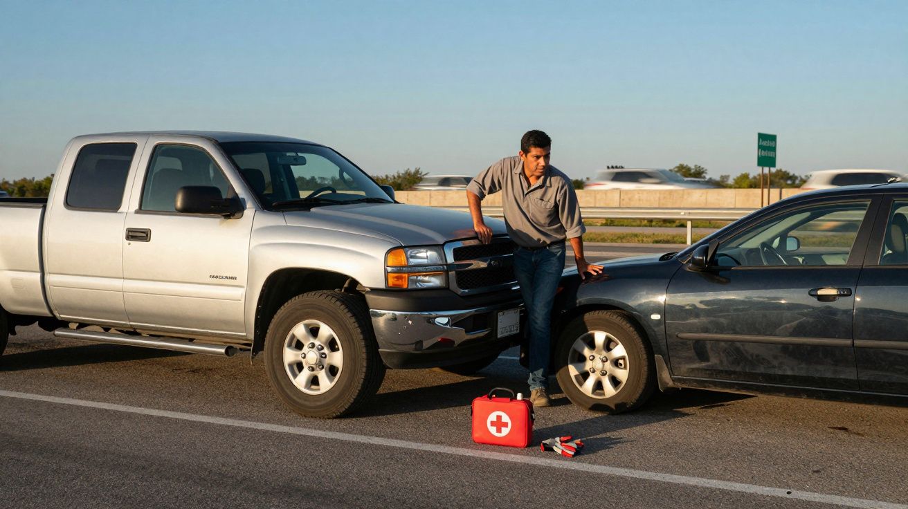 Homem verifica danos após colisão entre caminhonete prata e carro preto na estrada, com kit de primeiros socorros no chão.