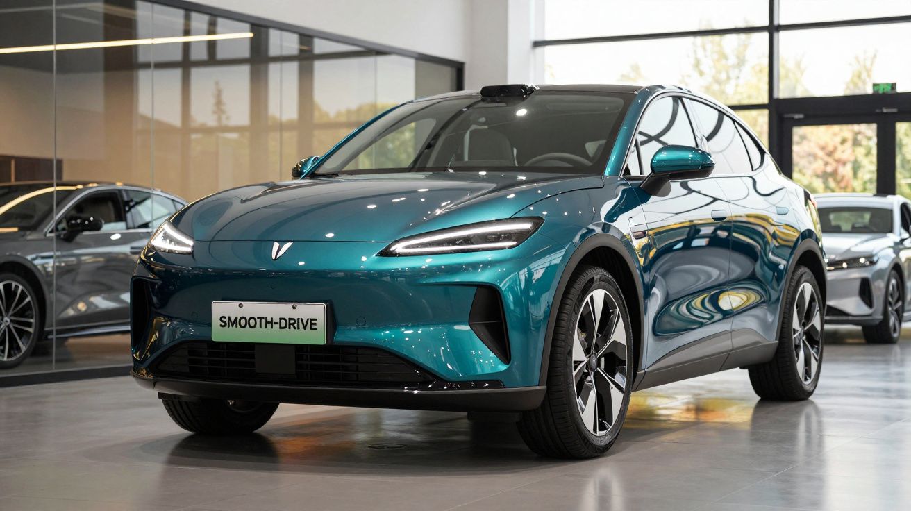 Carro elétrico azul metálico em exposição dentro de showroom moderno com grandes janelas.