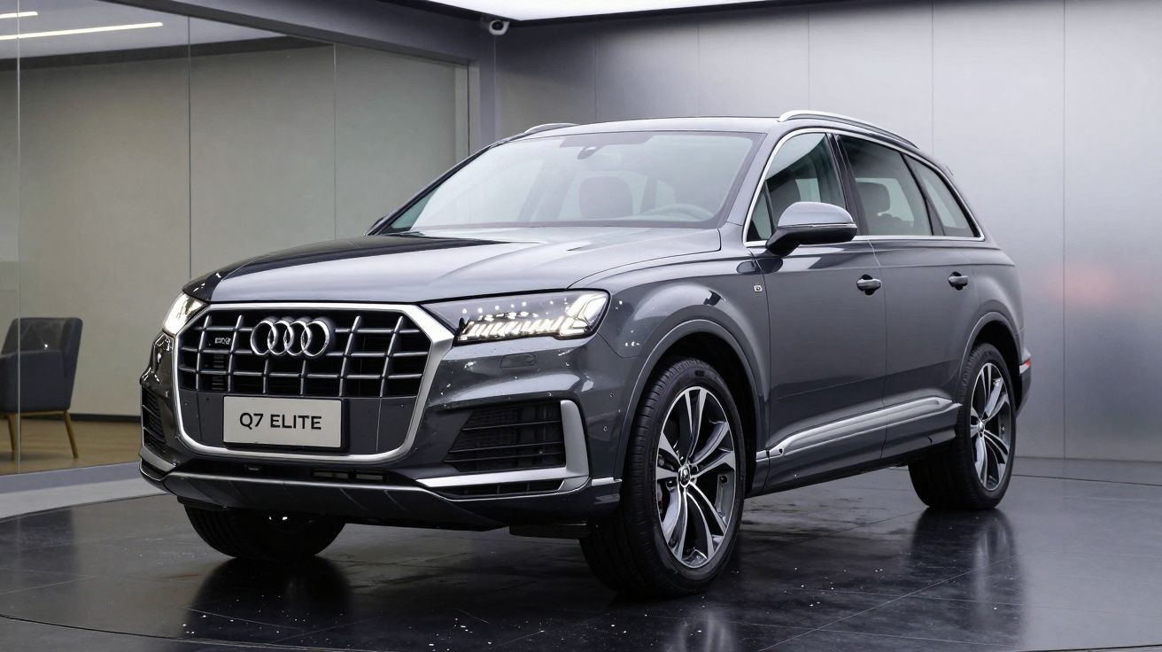 Audi Q7 Elite cinza estacionado em ambiente interno moderno e iluminado.
