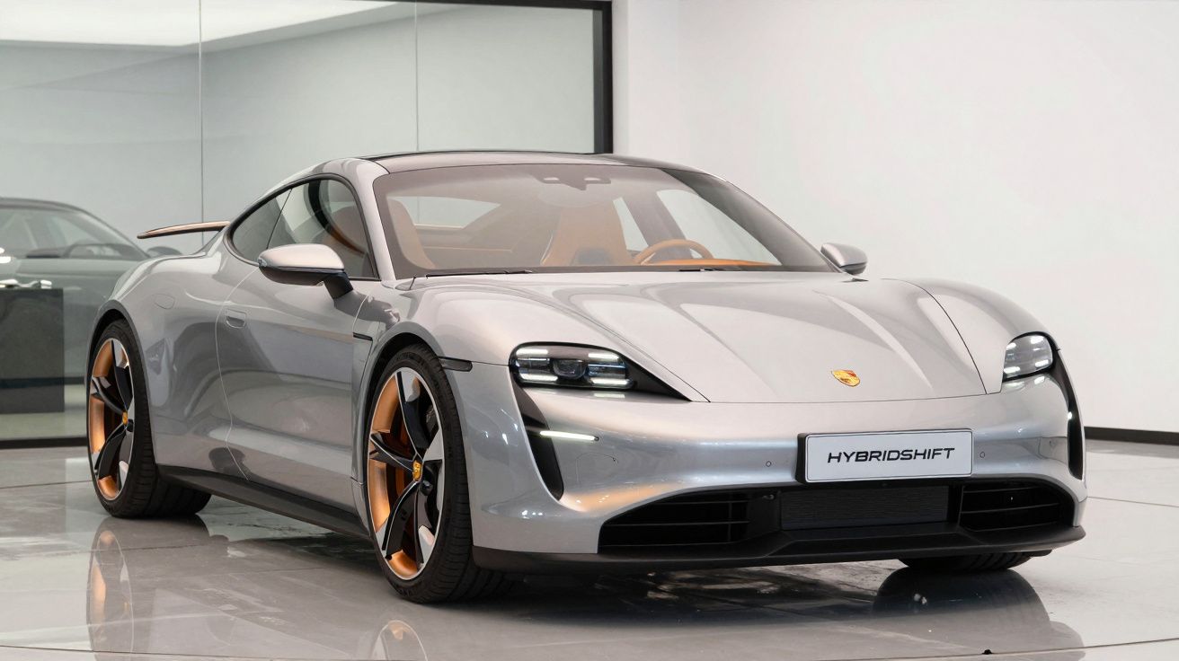 Carro esportivo Porsche Taycan prata em showroom com rodas douradas e interior marrom claro.
