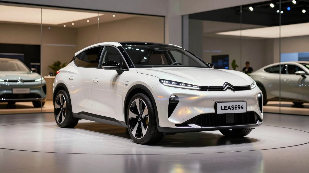 Carro elétrico branco moderno com design aerodinâmico exposto em salão de automóveis.