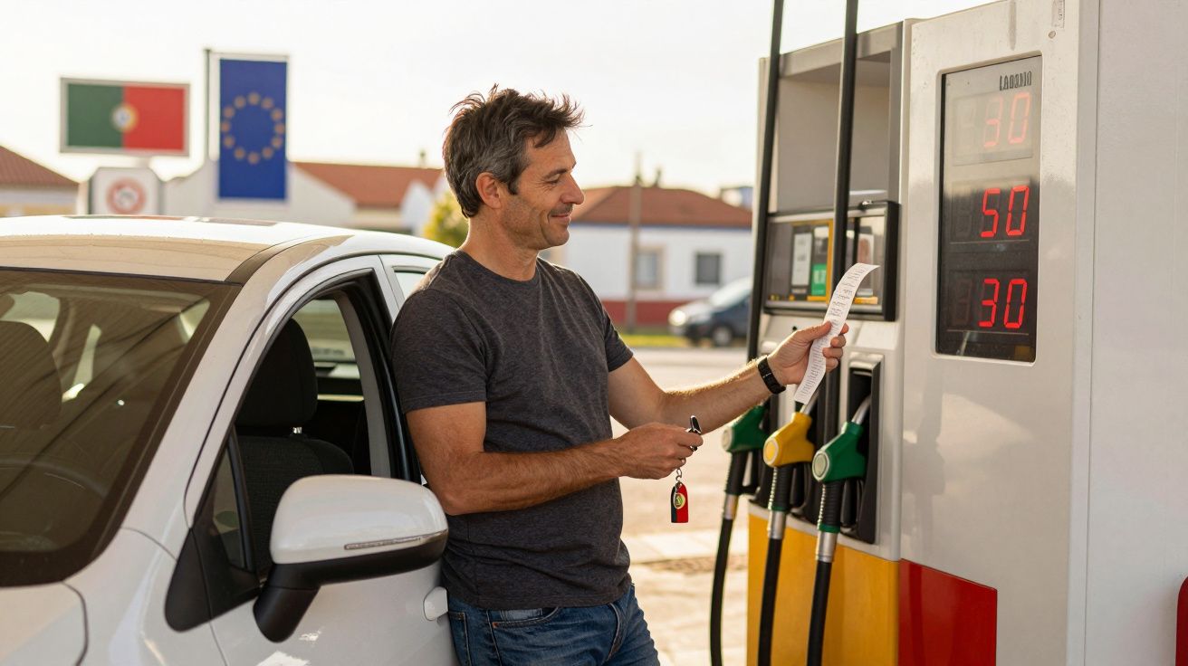Homem ao lado de carro branco verifica nota fiscal em posto de gasolina com bandeiras ao fundo.
