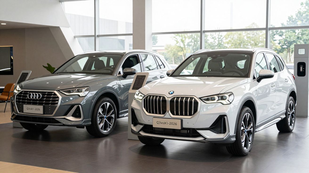 Dois carros SUV estacionados em showroom, um Audi Q5 cinza e um BMW X1 branco, com iluminação natural.