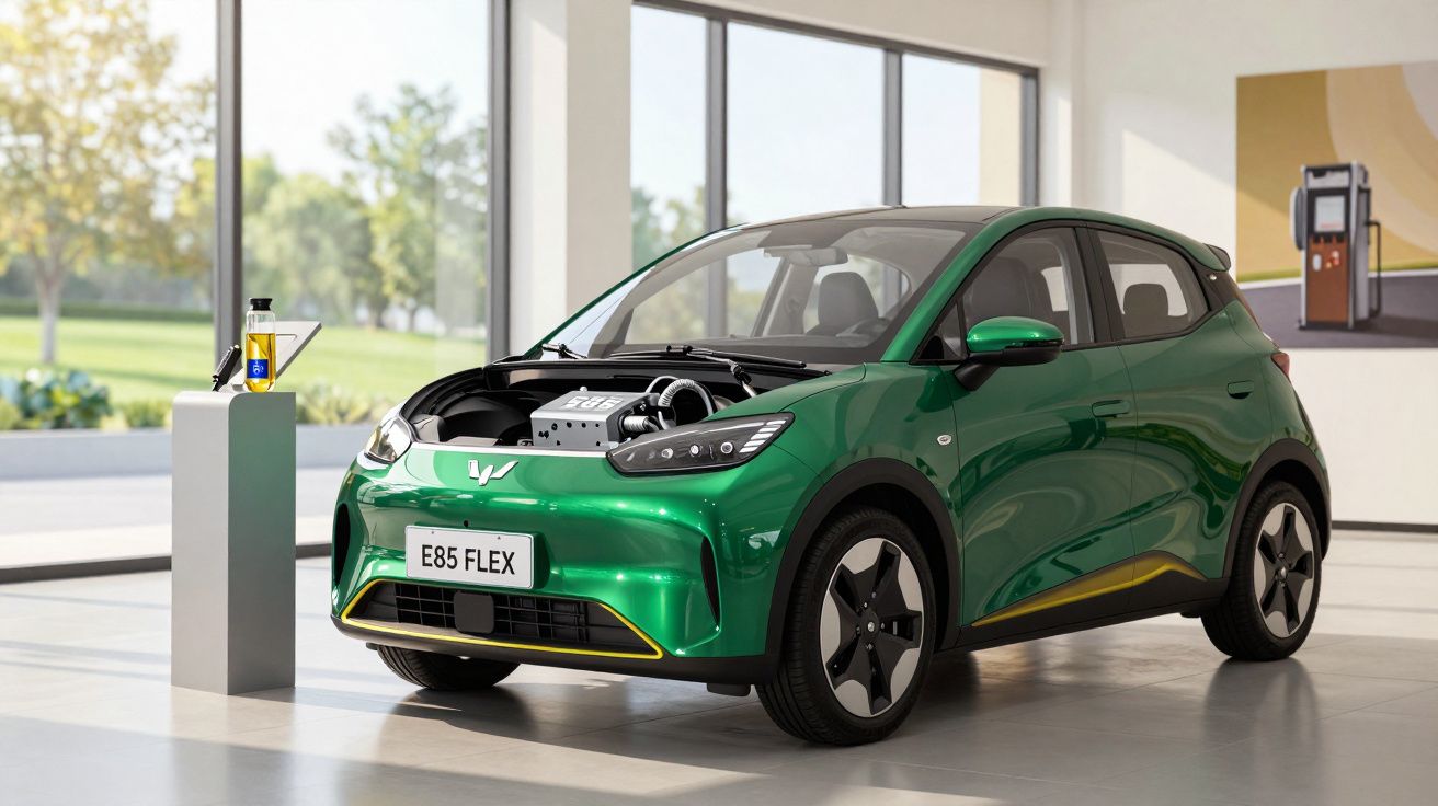 Carro verde elétrico com capô aberto exibindo motor, placa "E85 FLEX", em ambiente interno iluminado.