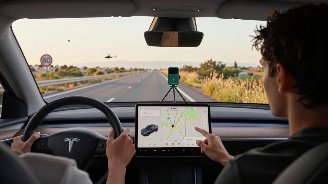 Interior de um carro Tesla com duas pessoas, focadas na tela de navegação e direção na estrada.