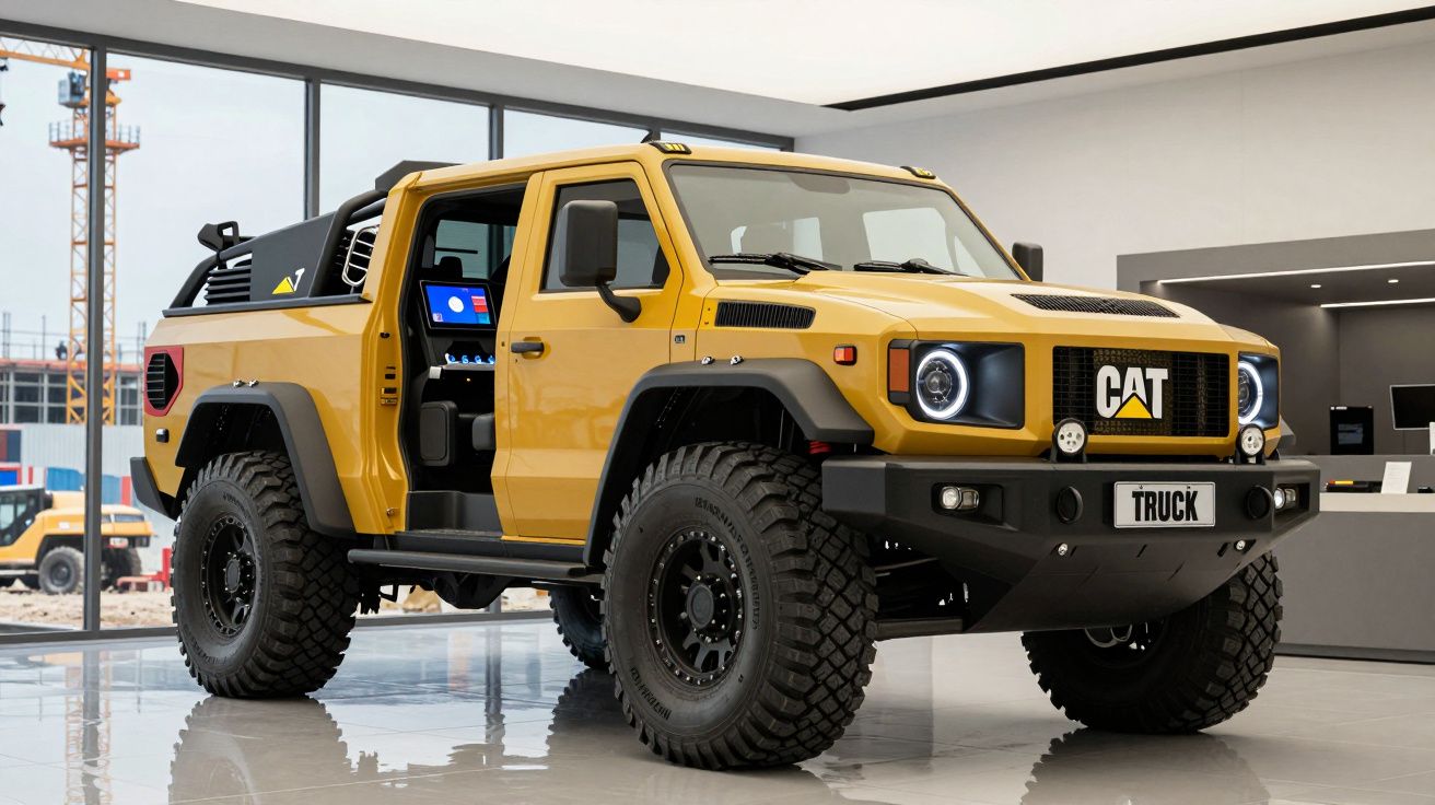 Veículo off-road amarelo CAT com portas abertas exposto dentro de showroom moderno.