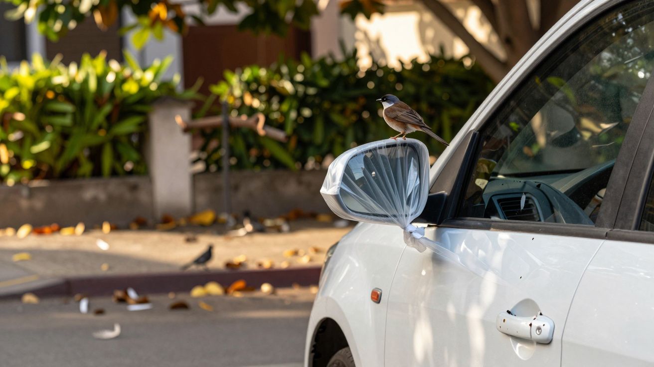 Pássaro pequeno pousado no espelho retrovisor de um carro branco estacionado em rua urbana.