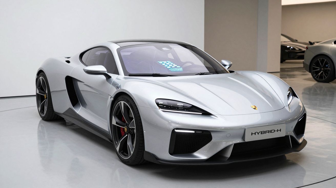 Carro esportivo híbrido prata estacionado em ambiente interno com superfícies espelhadas.