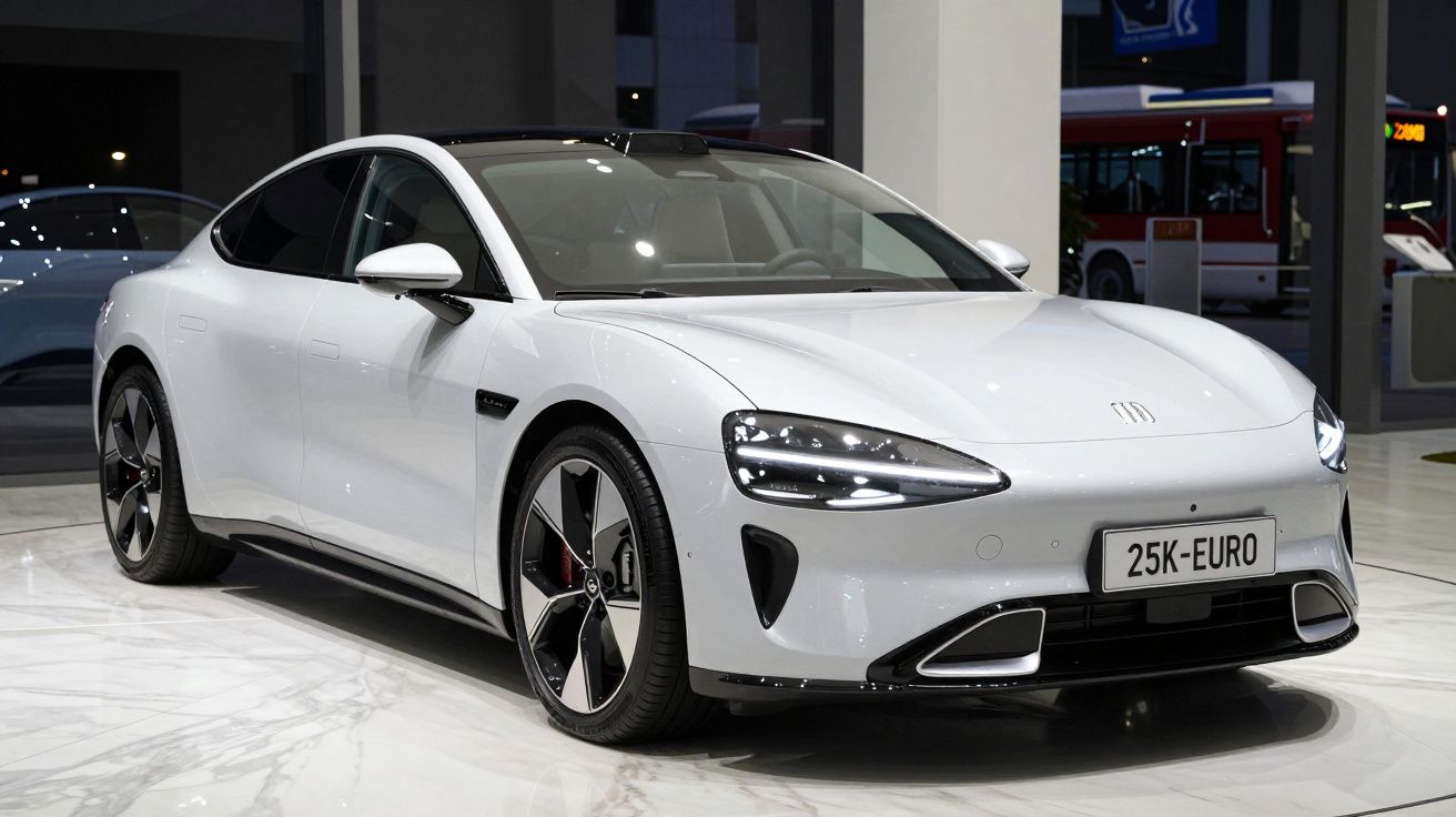 Carro elétrico branco modelo sedan exposto em showroom com iluminação suave refletindo no piso de mármore.