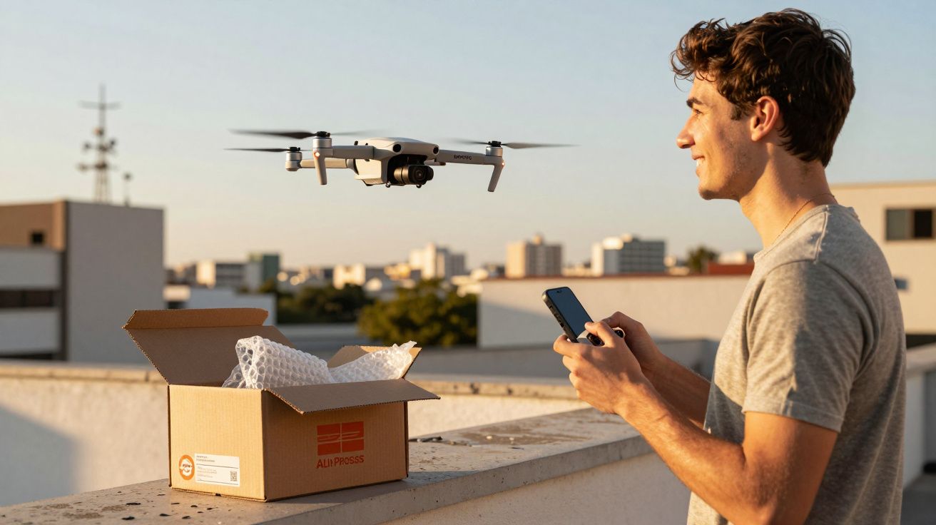 Homem controla drone cinza com controle remoto ao ar livre próximo a caixa de papelão aberta.