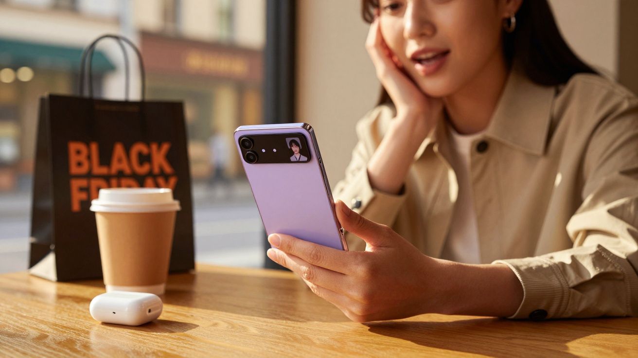 Mulher sentada à mesa com celular lilás, café, fones e sacola de Black Friday ao fundo.