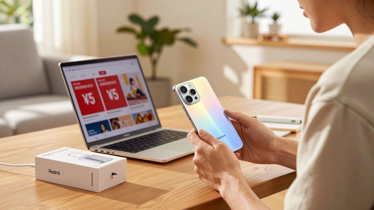 Pessoa segurando smartphone Redmi prateado em mesa com notebook e caixa do celular ao fundo.