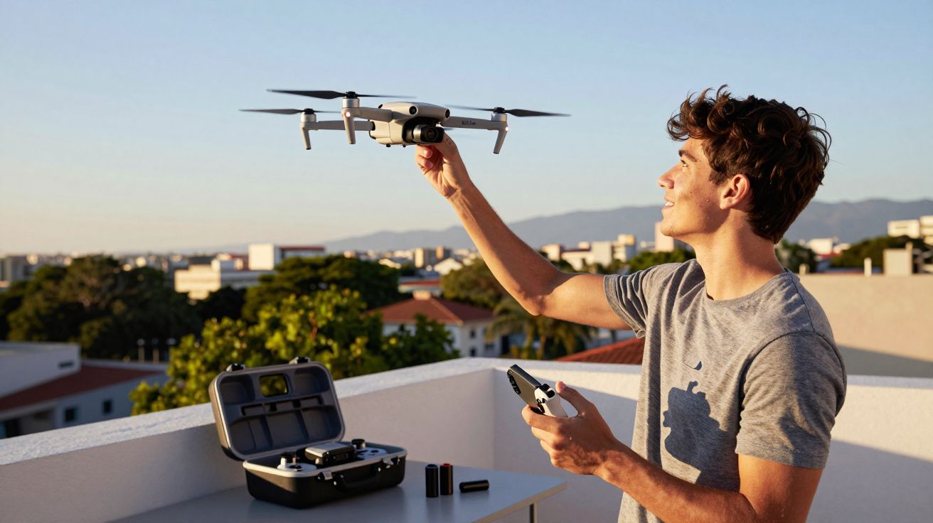 Jovem segurando drone e controle remoto em varanda com case aberto e vista urbana ao fundo.