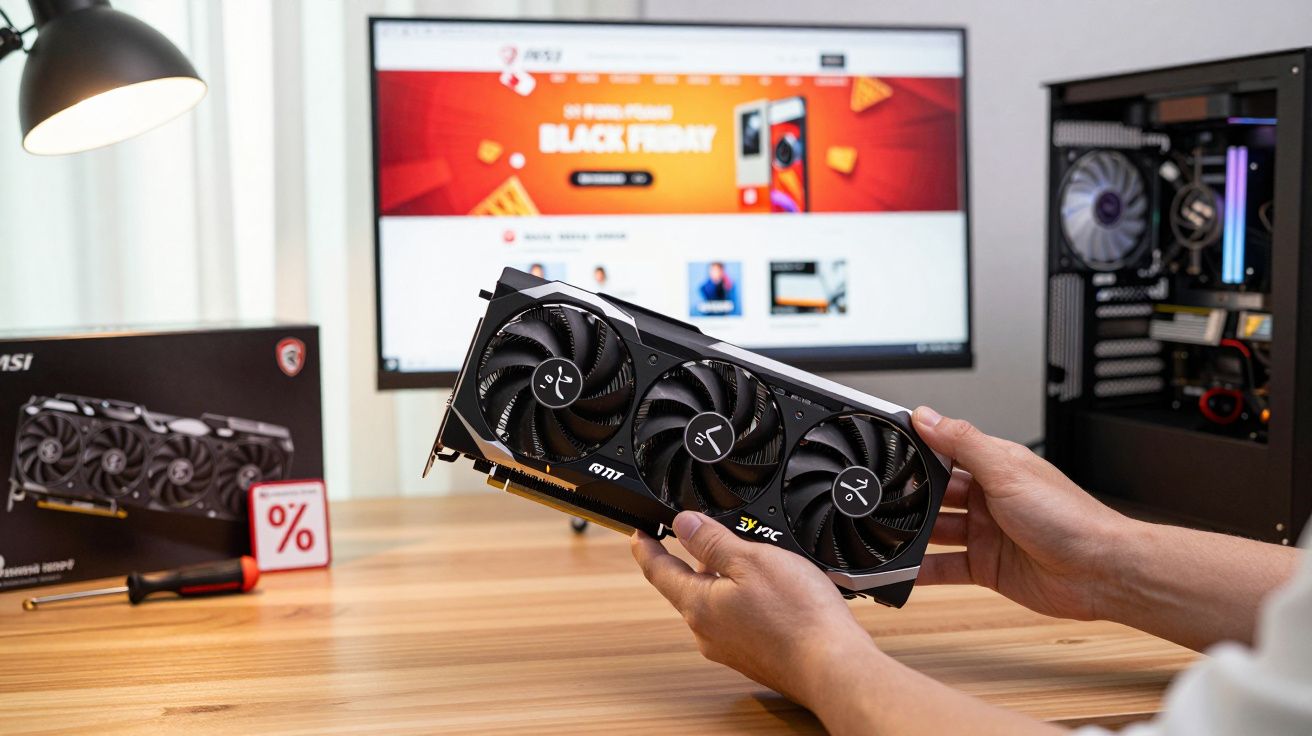 Pessoa segurando placa de vídeo MSI para computador, com desktop aberto e monitor mostrando página de promoção Black Friday.