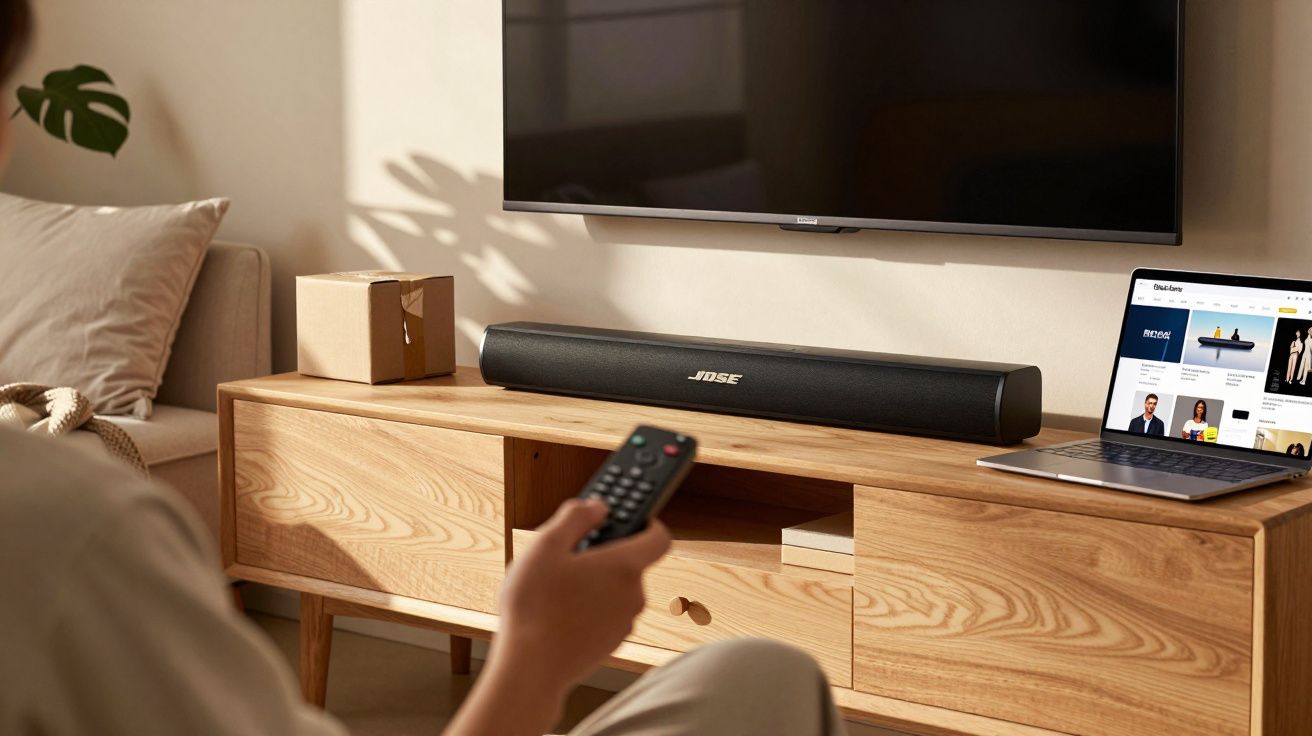 Pessoa segurando controle remoto em sala com TV, soundbar Bose e notebook sobre móvel de madeira clara.