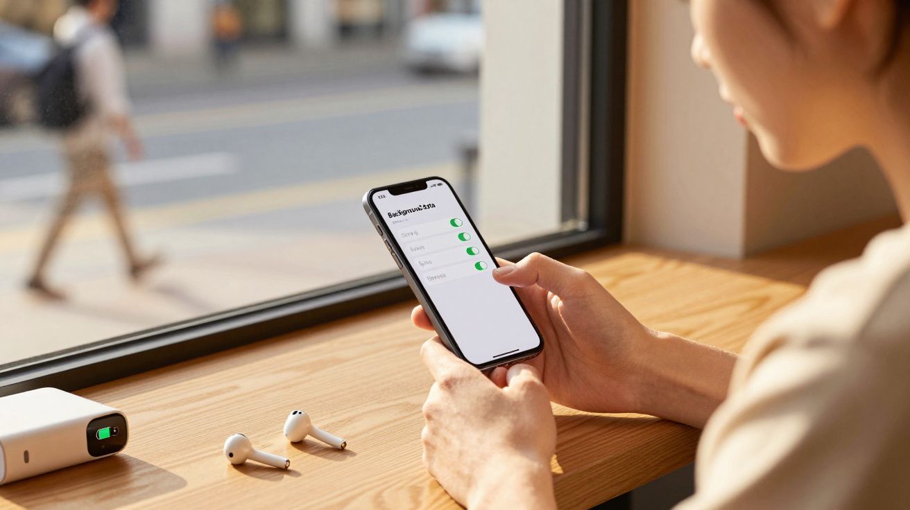 Pessoa segurando celular com configurações de Bluetooth ativadas, fones sem fio e carregador na mesa próxima à janela.