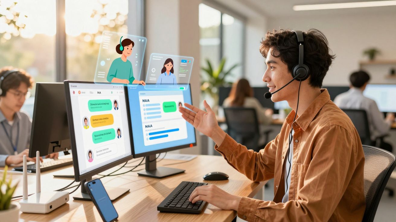 Pessoa com headset trabalhando em call center, com duas telas e mensagens visíveis, escritório moderno ao fundo.