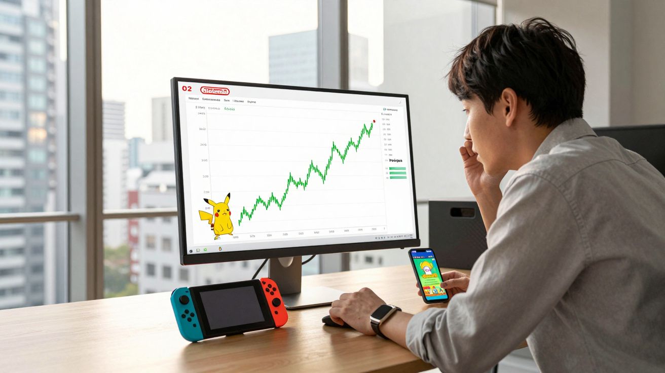 Homem observa gráfico de aumento no computador com imagem do Pikachu, segurando celular e cerca de videogame na mesa.