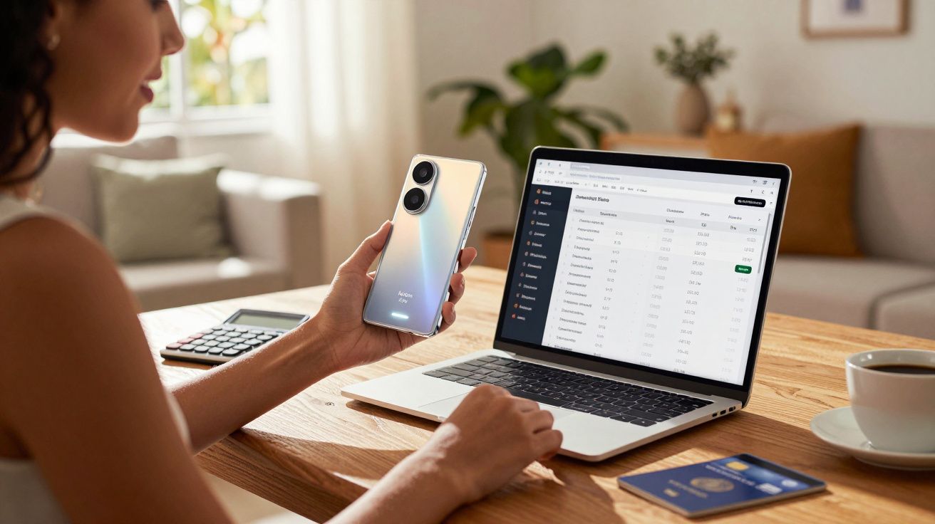 Pessoa usando smartphone e laptop em mesa de madeira com xícara, calculadora e cartão de crédito.
