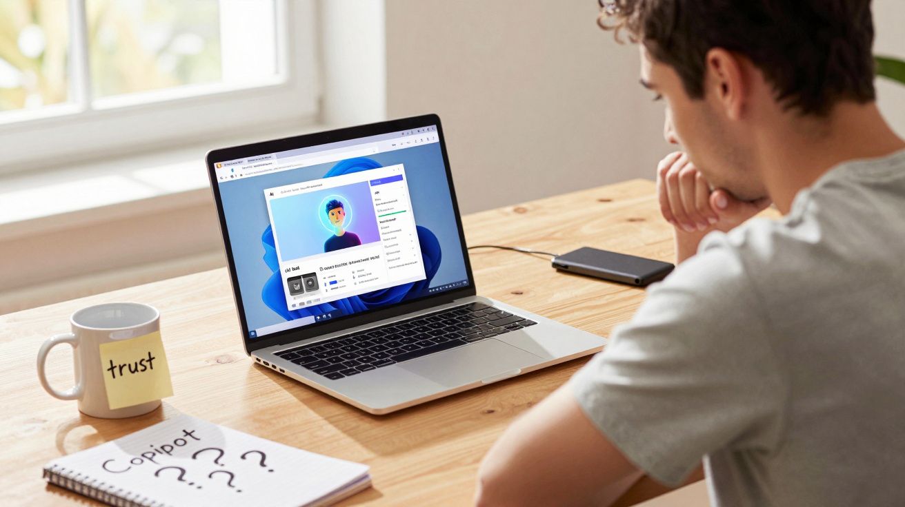 Pessoa olhando para tela de notebook aberta em perfil digital, em mesa com caneca e caderno.