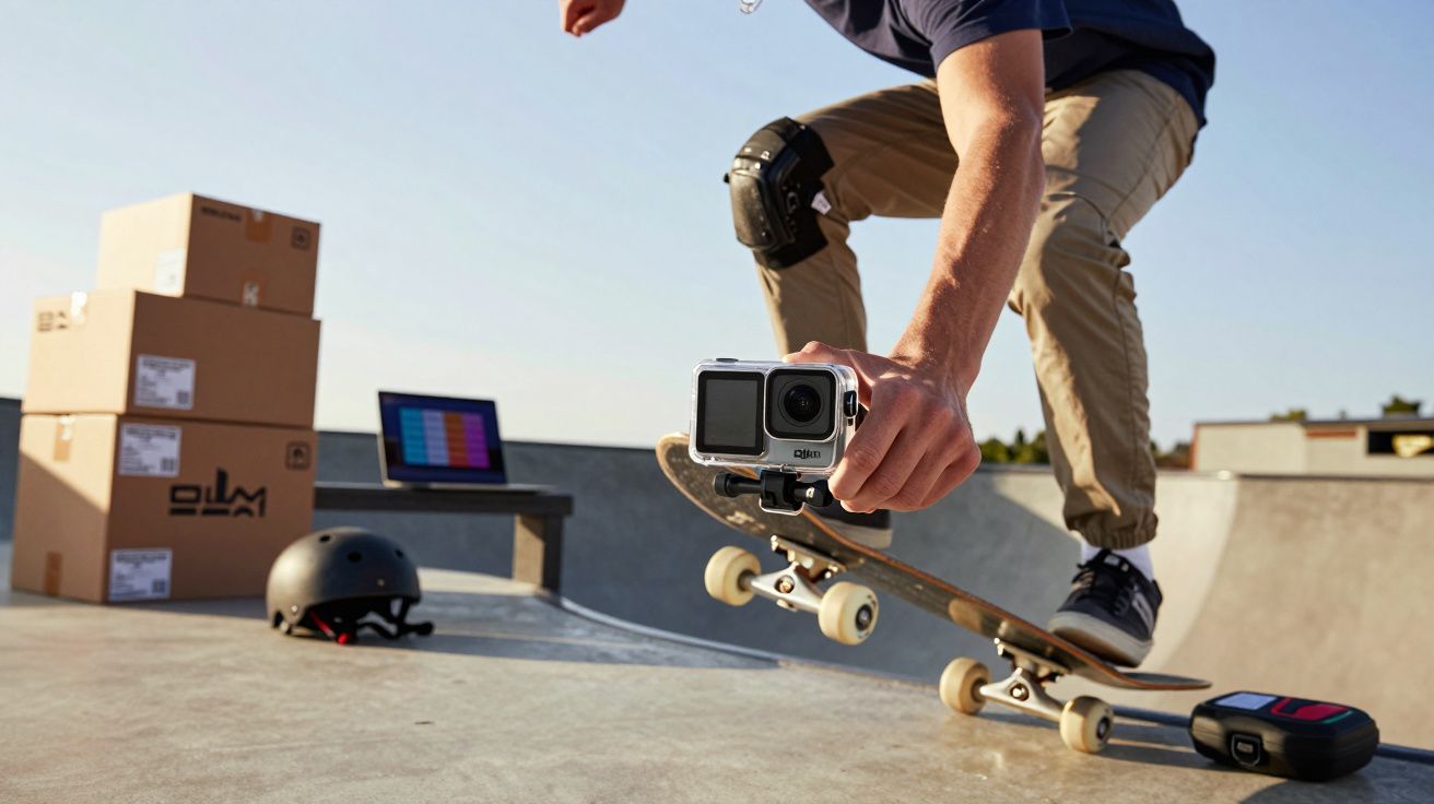Homem realizando manobra de skate em pista, segurando câmera de ação com caixa e capacete ao fundo.