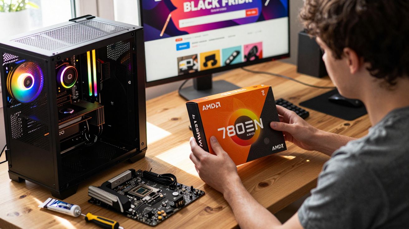 Pessoa montando computador com placa-mãe, processador AMD Ryzen 7 7800X3D e caixa com LED RGB.