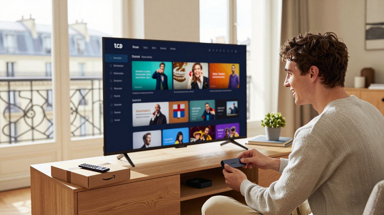 Homem sentado assistindo TV em sala iluminada, segurando controle remoto ao lado de sofá e janela grande.
