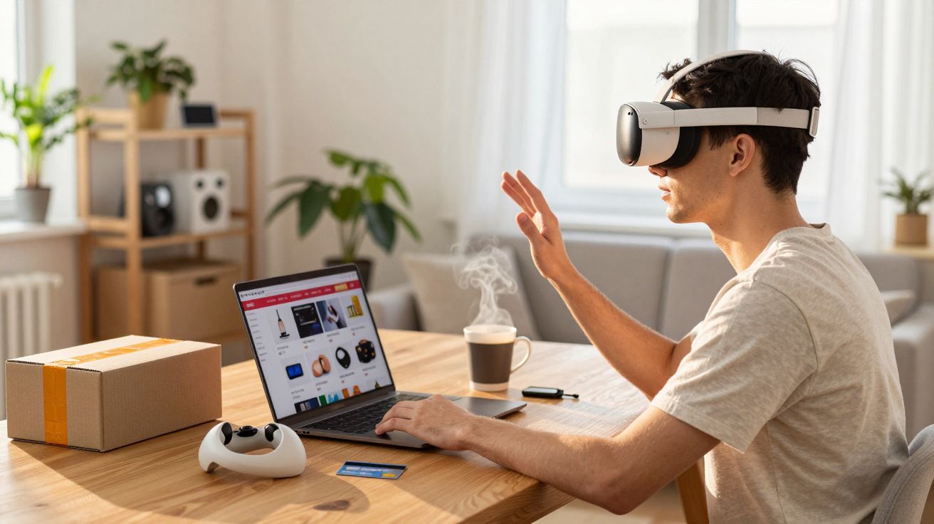 Homem usando óculos de realidade virtual interage com laptop em mesa com controle, cartão e caixa.