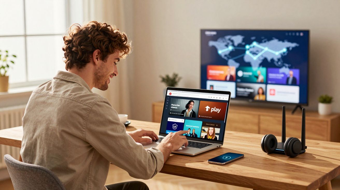 Homem sentado à mesa usando notebook com tela de serviços de streaming e fone de ouvido ao lado.