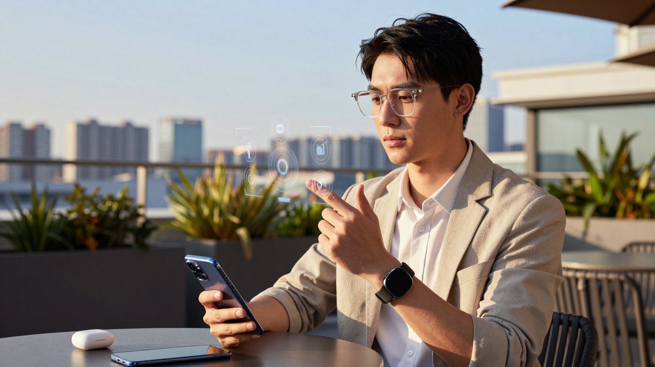 Homem usando óculos interage com holograma enquanto segura smartphone em área externa urbana.