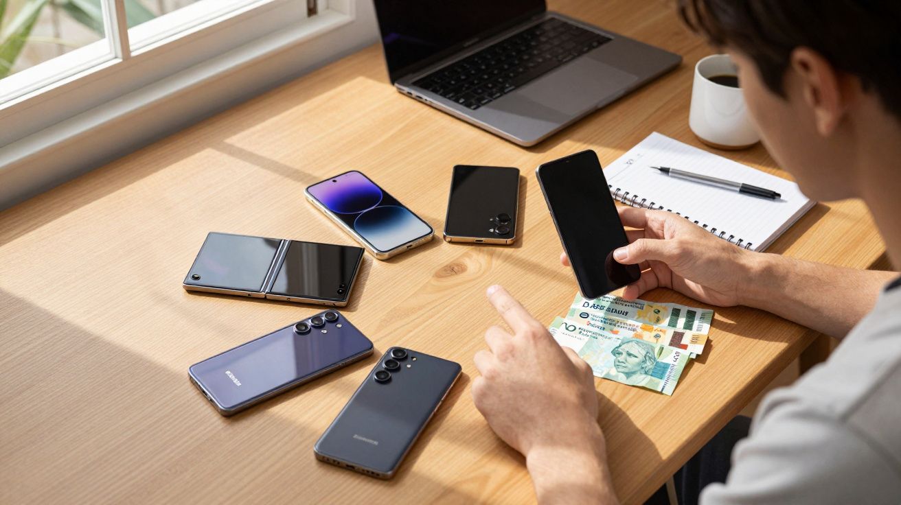 Pessoa segurando celular cercada por vários smartphones, caderno, moedas e notas de real em mesa próxima a janela.