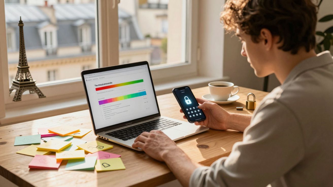 Pessoa usando smartphone com ícone de cadeado e notebook em mesa com papéis coloridos perto da janela.