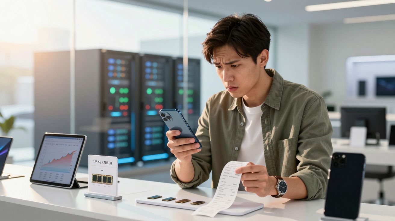 Homem em escritório tecnológico analisa recibo segurando celular, com tablets e equipamentos ao redor.