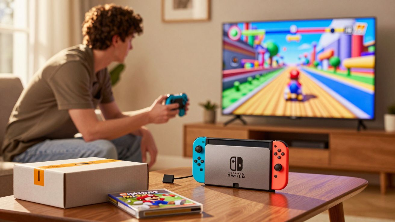 Homem jogando videogame Nintendo Switch com jogo Mario Kart na TV e console na mesa.