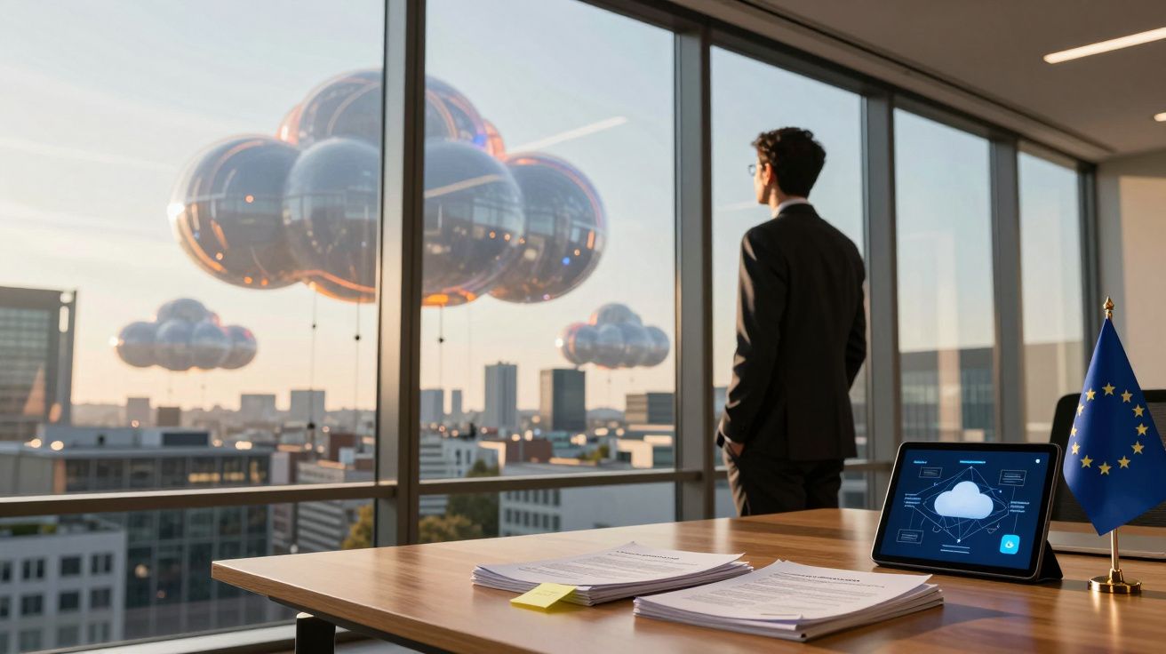 Homem em terno observa nuvens metálicas futuristas pela janela de escritório moderno com tablet e bandeira da UE.