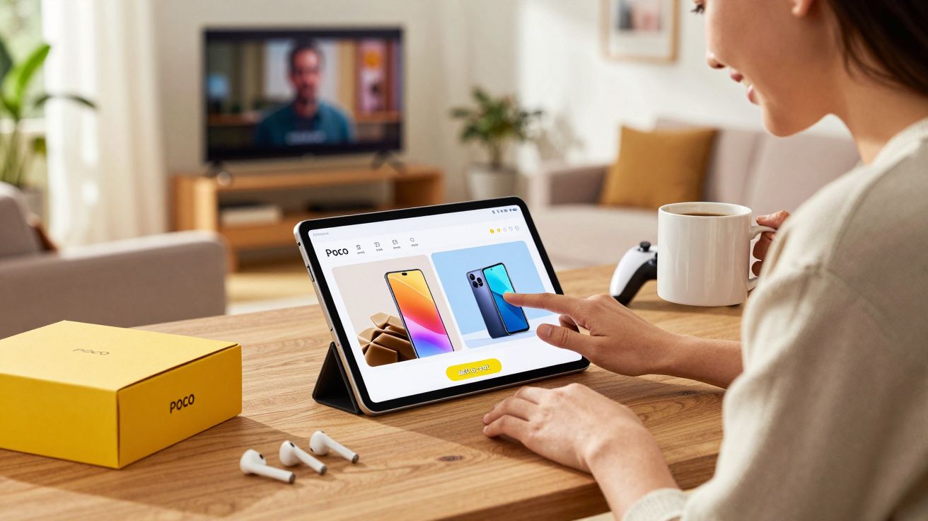 Pessoa usando tablet para escolher celular em página de compras online, com caixa e fones POCOPHONE na mesa.