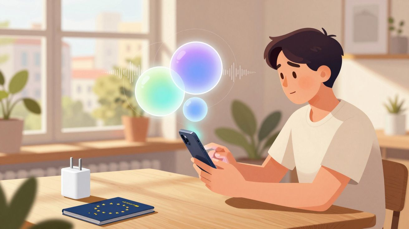 Jovem usando smartphone com ícones flutuantes em ambiente doméstico iluminado por janela grande.