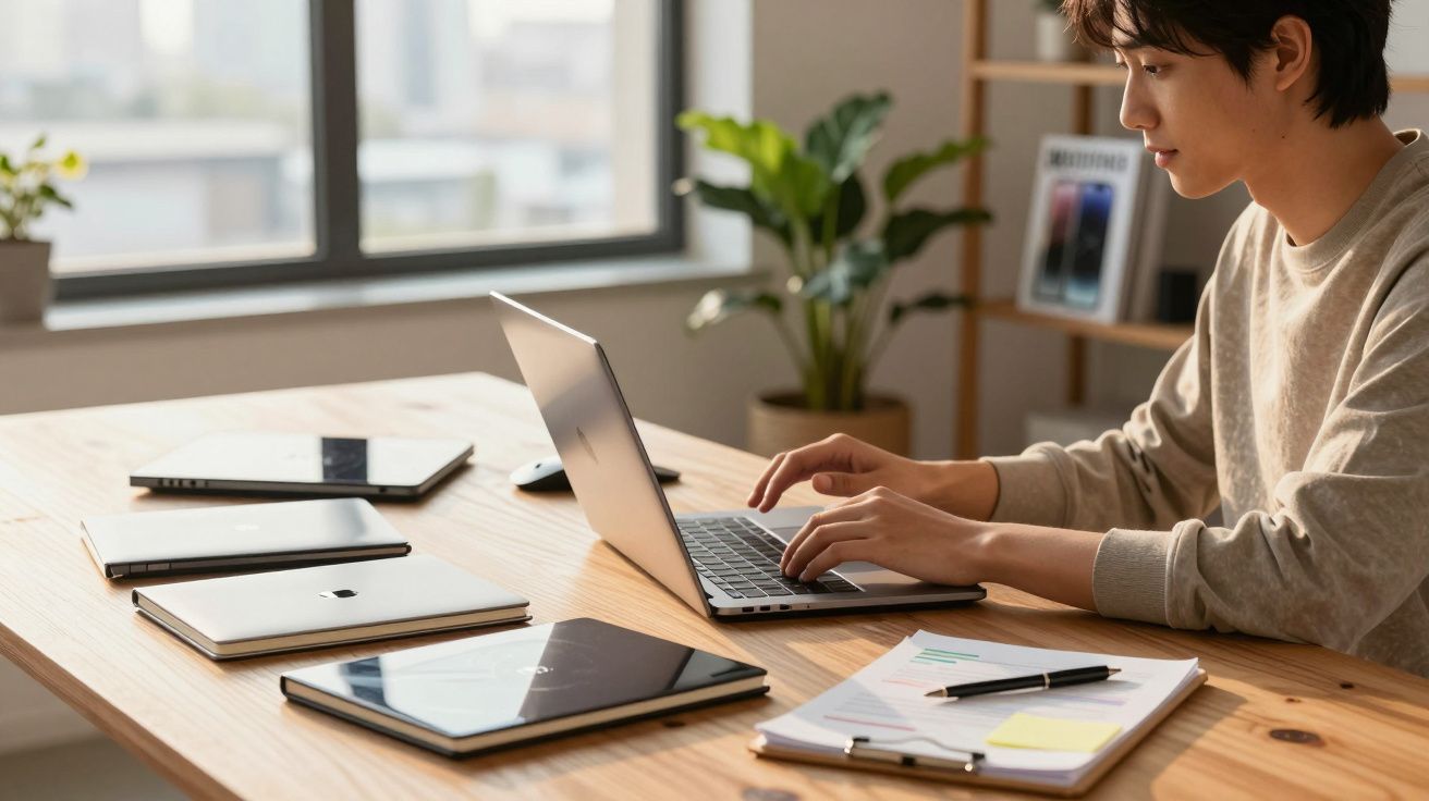Pessoa jovem trabalhando no laptop em mesa com notebooks, tablets e documentos em ambiente iluminado.