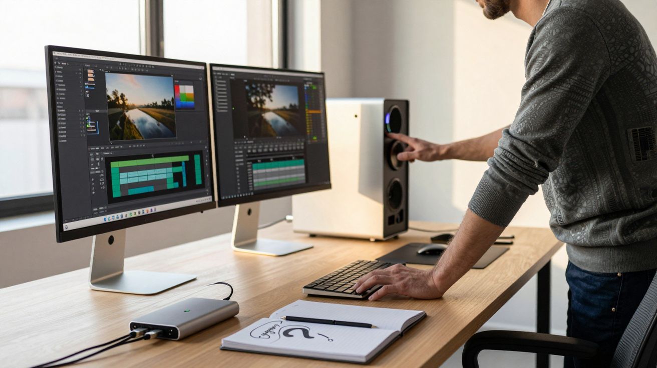Pessoa ajusta alto-falante ao lado de duas telas com edição de vídeo em mesa com bloco de notas, teclado e HD externo.