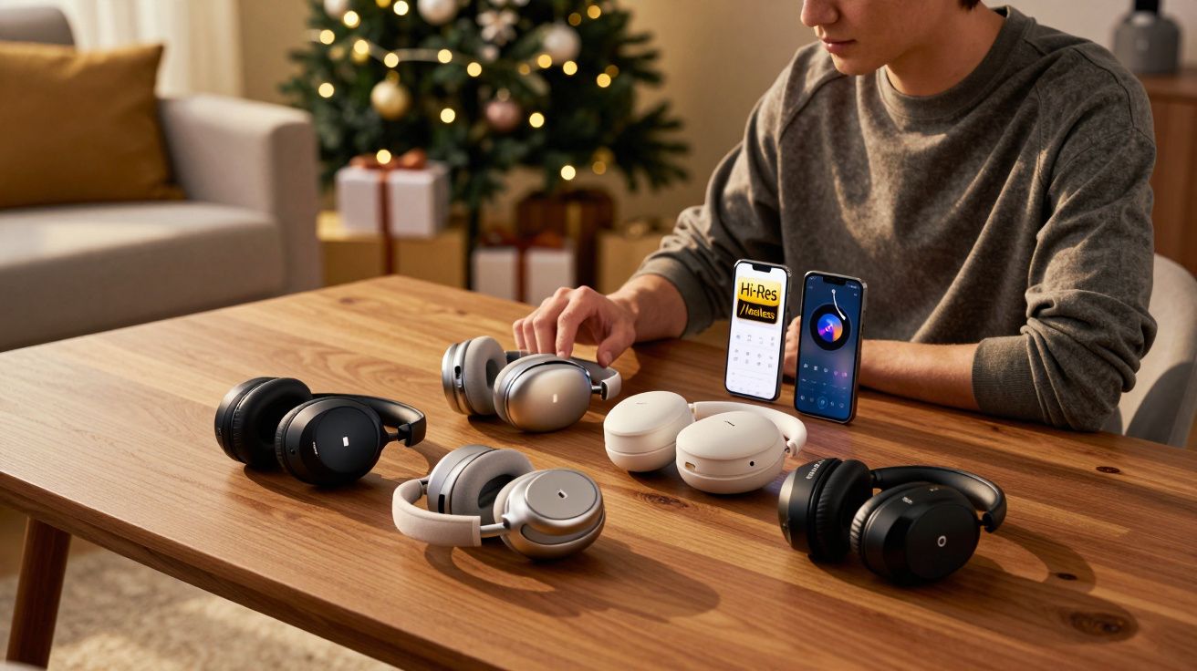 Pessoa sentada à mesa com vários fones de ouvido e dois celulares, árvore de Natal ao fundo.