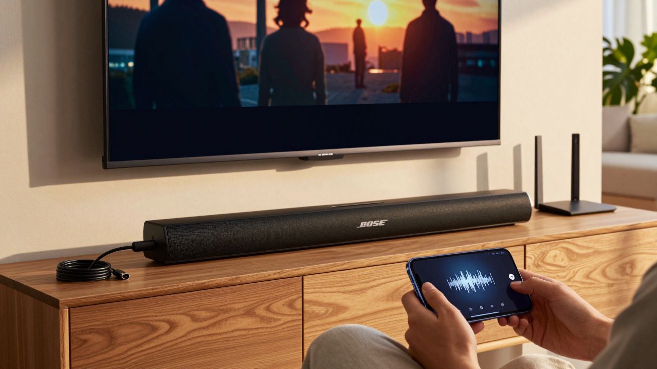 Pessoa segurando smartphone com áudio conectado a soundbar Bose em rack de madeira.