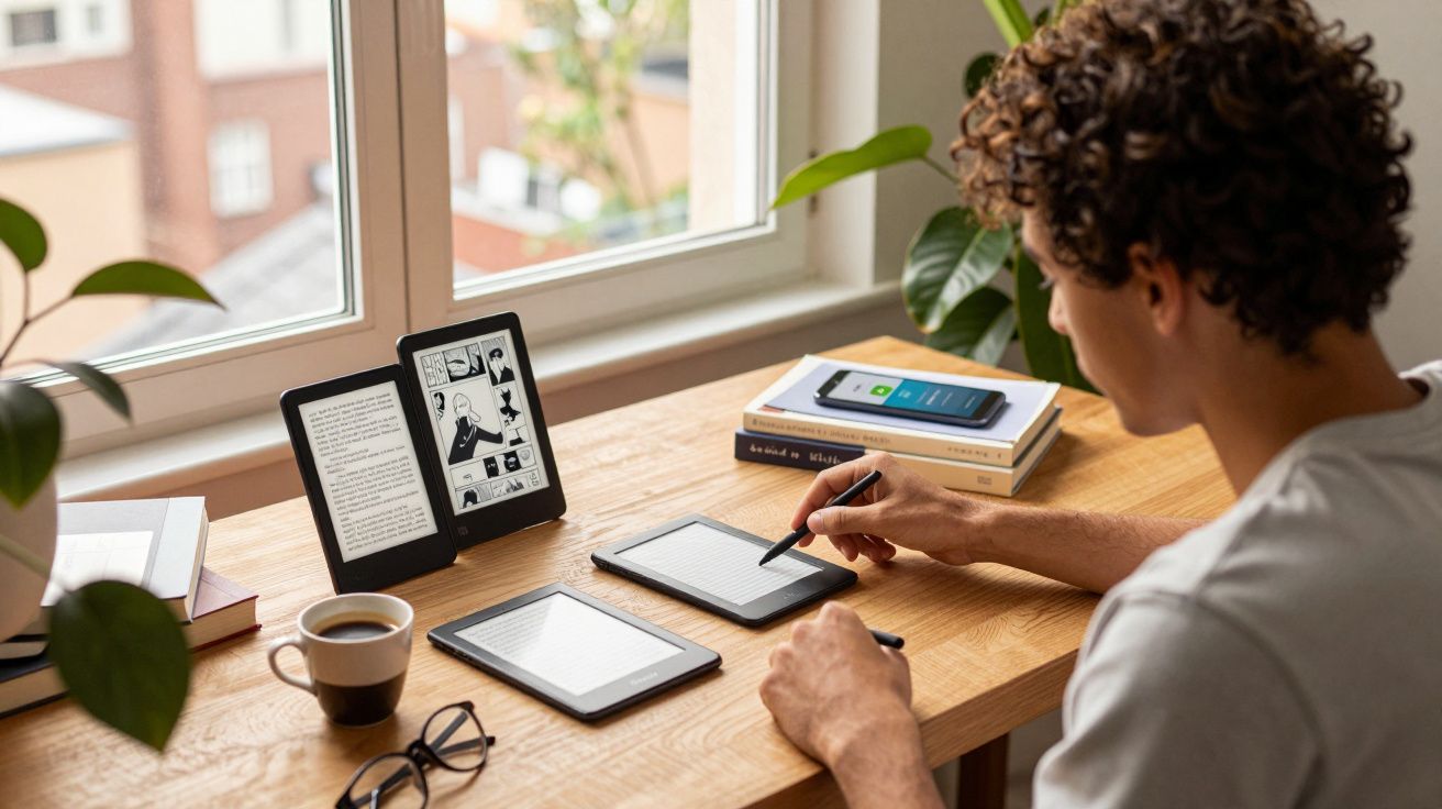 Pessoa usando caneta digital em e-reader à mesa com livros, xícara de café e janela ao fundo.
