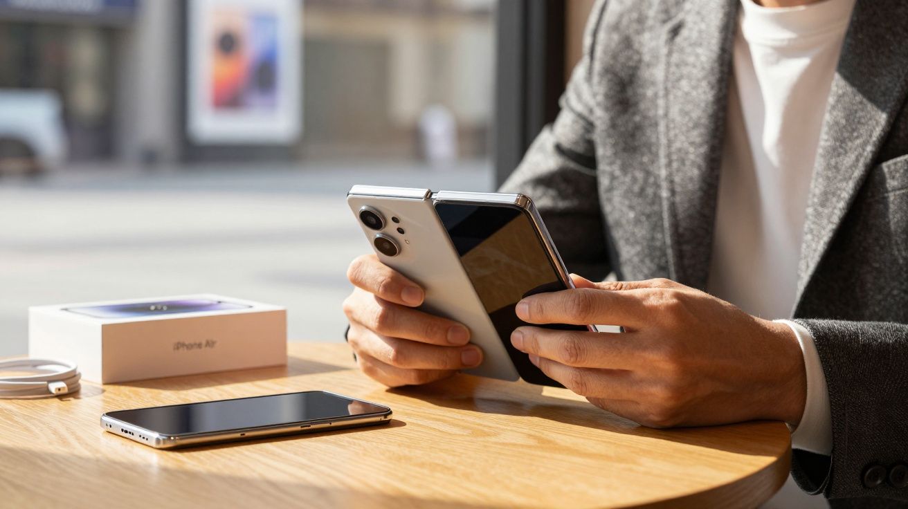 Pessoa segurando dois smartphones, um dobrável e outro iPhone, em mesa com caixa e cabo.